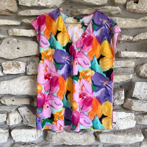 Lauren Ralph Lauren Size Large Watercolor Floral Print Crepe Tunic Blouse - Picture 12 of 12